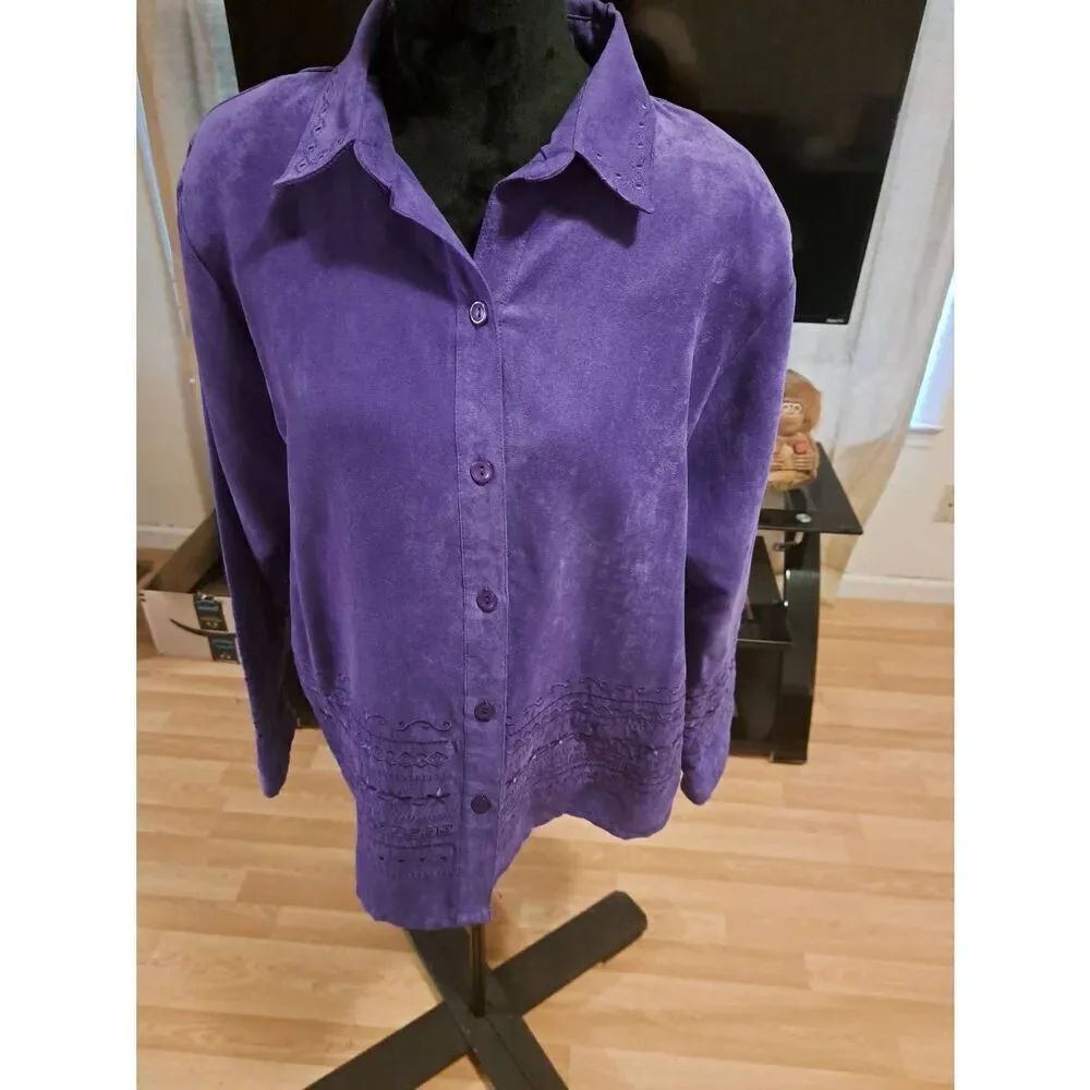 Vintage Bonworth Women’s L Purple Embroidered Button Blouse Shirt w/ Pads